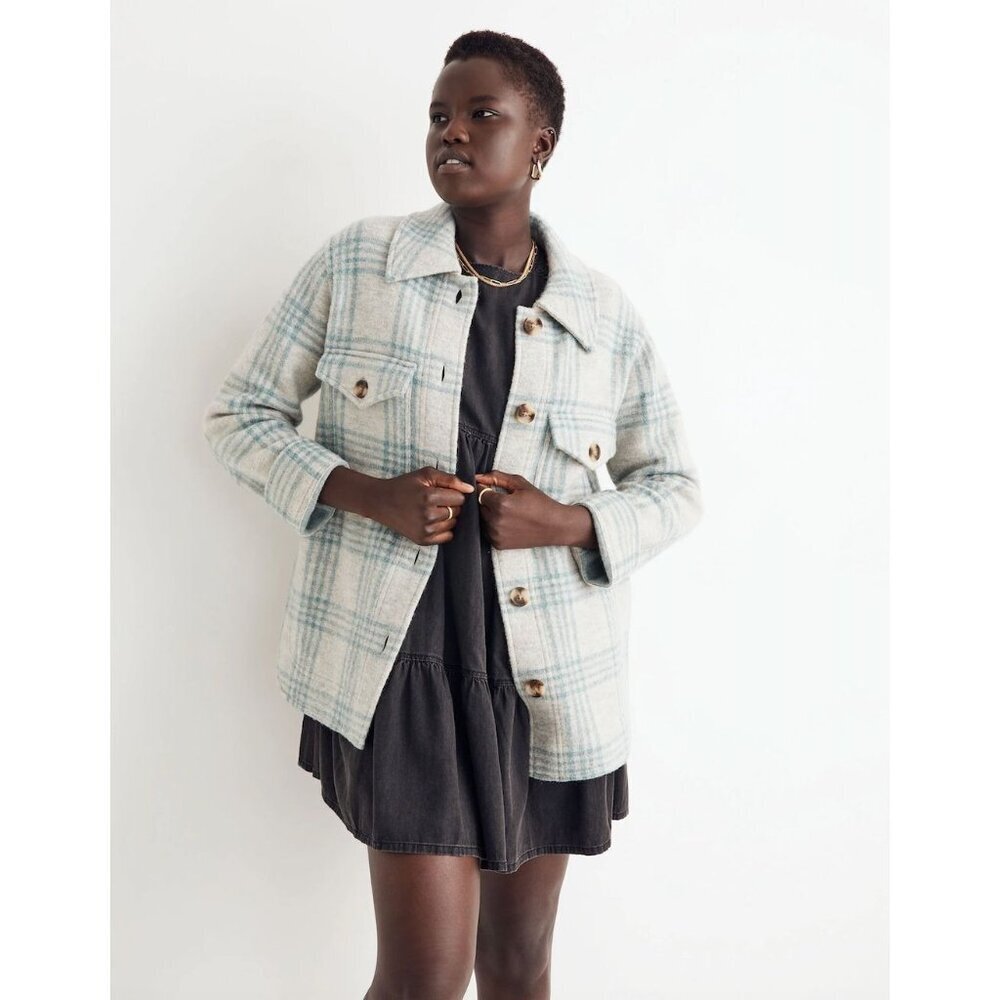 Madewell Womens Boiled Wool Plaid Shirt Jacket Small Gray Heather Lagoon FA NWOT